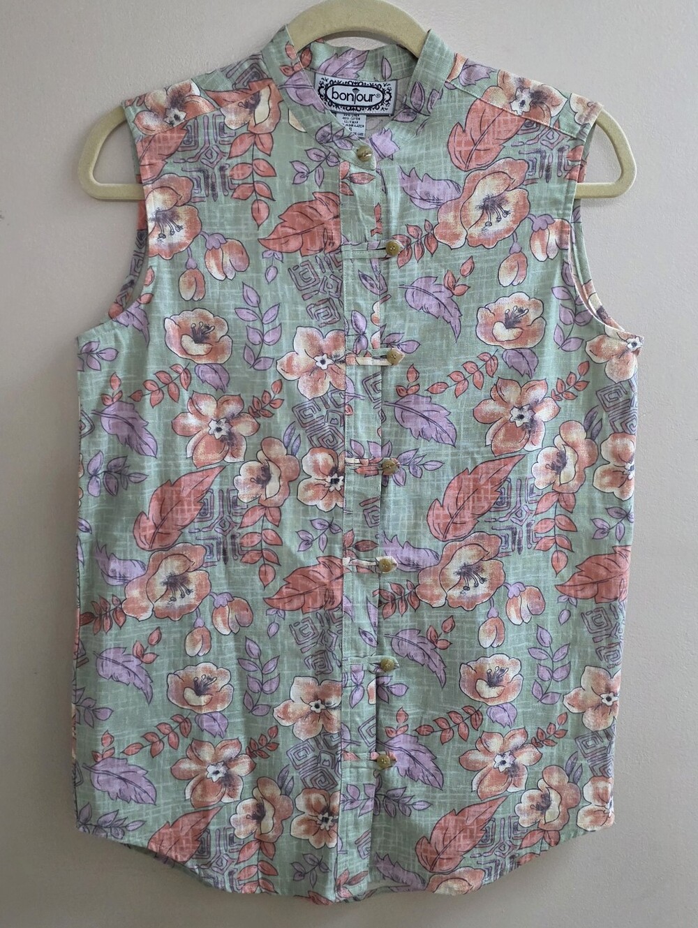 Vintage Bonjour Sleeveless Button Up Blouse Small Linen Cotton Floral